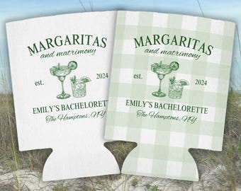 Custom Margaritas and Matrimony Can Coolers, Margs and Matrimony Decorations, Bikinis and Martinis, Bachelorette Party Decor, Beer Hugger