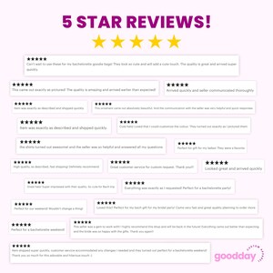 May include: A graphic featuring the text "5 STAR REVIEWS!" in purple, with five gold stars. Below are customer reviews with five-star ratings, praising product quality, shipping speed, and customer service. The shop's logo is in the bottom right corner.