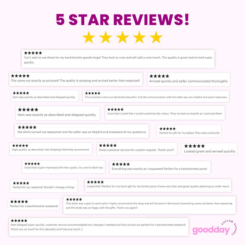May include: A graphic featuring the text "5 STAR REVIEWS!" in purple, with five gold stars. Below are customer reviews with five-star ratings, praising product quality, shipping speed, and customer service. The shop's logo is in the bottom right corner.