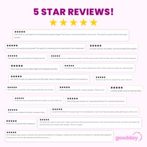 May include: A graphic display titled 5 STAR REVIEWS! featuring five yellow stars and multiple white rectangular boxes containing customer feedback text, each preceded by five black stars, with the text goodday custom apparel at the bottom.