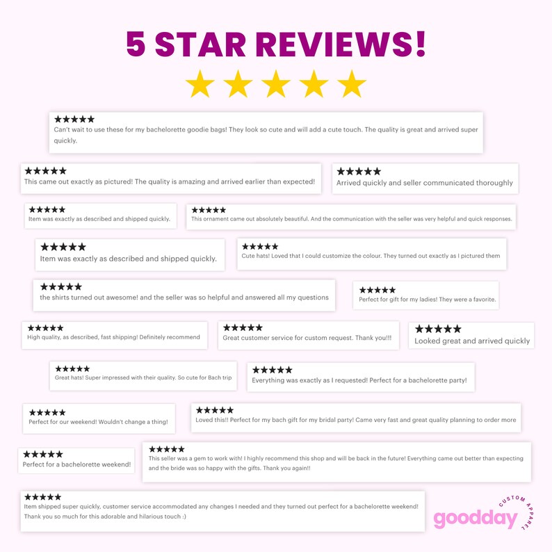 May include: A graphic display titled 5 STAR REVIEWS! featuring five yellow stars and multiple white rectangular boxes containing customer feedback text, each preceded by five black stars, with the text goodday custom apparel at the bottom.