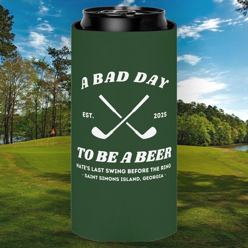 Abrazadera de cerveza personalizada para despedida de soltero, enfriador de latas de golf, recuerdo de despedida de soltero, funda para latas de novios, último golpe antes del ring, mal día para ser cervecero Slim