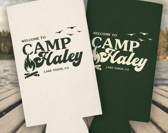 Camp Bachelorette Custom Can Coolers, Camp Bachelorette Decor, Bachelorette Party Beer Huggers, Camp Theme Personalized Party Favors