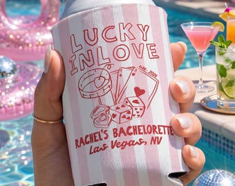 Lucky In Love Bachelorette Can Coolers, Custom Las Vegas Can Sleeve, Casino Bach, Feeling Lucky, Bridal Party Gift, Bach Party Decor