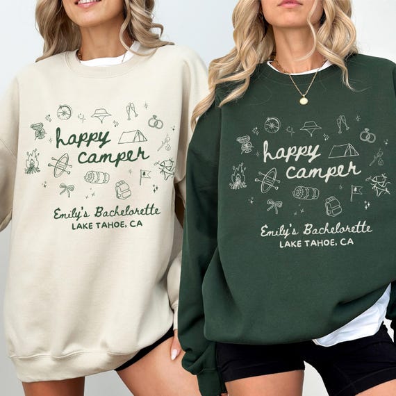Happy Camper Bachelorette Sweatshirt, Custom Camp Bach Crewneck, Last Trail Before The Veil, Mountain Bach Weekend Matching Bach Shirt