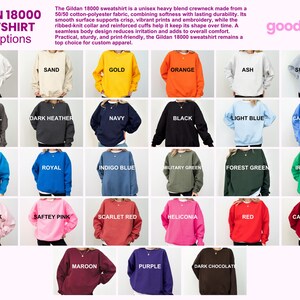 May include: A Gildan 18000 sweatshirt colour chart displaying twenty-three crewneck sweatshirts in various solid colours including white, sand, gold, orange, ash, sport grey, charcoal, dark heather, navy, black, light blue, carolina blue, sapphire, royal, indigo blue, military green, forest green, irish green, light pink, safety pink, scarlet red, heliconia, red, cardinal red, maroon, purple, and dark chocolate.