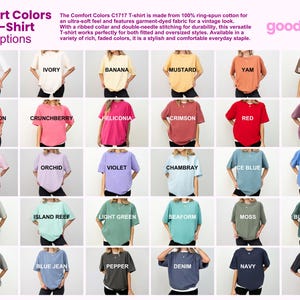 May include: A display of Comfort Colors C1717 T-shirts in various colors, including white, ivory, and banana. Each shirt is shown on a person, with color names displayed below. The shirts are made of ring-spun cotton.