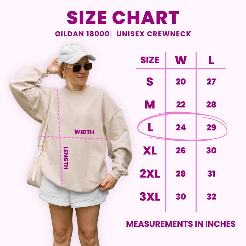 May include: A Gildan 18000 unisex crewneck sweatshirt size chart with a table listing sizes S through 3XL, their corresponding width and length measurements in inches, and a visual guide showing how to measure the garment width and length.