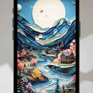 2 iPhone Wallpaper Digital Download, Quilled Paper Art style, Kirigami style Moon Mountain River Background for Smartphones