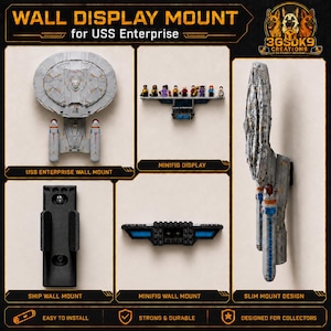 Wall Display Mount for LEGO-Compatible USS Enterprise NCC-1701-D | Ship Mount + Crew Shelf Bundle | Floating Display Solution