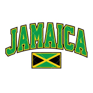 May include: A green and yellow graphic with the word "Jamaica" in bold, black outlined letters. The Jamaican flag is below the word.