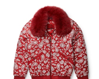 Original Goose Country Men's Red Paisley Lambskin Leather Bomber Jacket: Fox Fur Collar V-Bomber