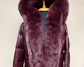 Handmade Original Goose Country Women's V-Bubble Lamb Skin Leather & Goose Down Parka With Real Fox Fur, perfect gift, Burgundy, plus size