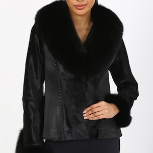 Women&#39;s High Quality Genuine Calf Hair Jacket With Fox Fur, Cavallino, Hair On Calf, Cow Fur winter, luxury leather, perfect gift, Black Fur