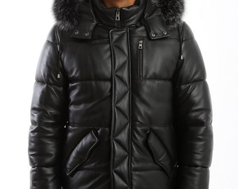 Giacca da uomo fatta a mano in pelle di agnello e piumino con vera pelliccia di volpe, cappotto invernale con cappuccio, regalo perfetto, nero