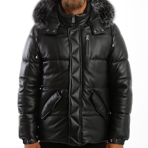 Handmade Men&#39;s Lamb Skin Leather & Down Coat With Real Fox Fur, Black - Red - Brown - Olive, plus size, winter coat, Bubble, Puffer Coat