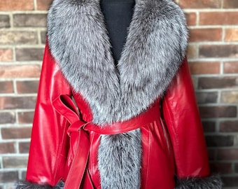 Handmade Women's  Red Lambskin Coat with Fox Fur Collar