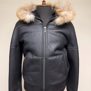 Original Goose Country Handmade Black Sheepskin Shearling Hoodie: Men's Fox Fur Winter Jacket