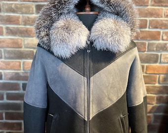 Giacca da uomo fatta a mano in vera pelle di pecora nera-grigia con cappuccio in vera volpe, vera pelle di pecora, giacca invernale, regalo perfetto, taglie forti