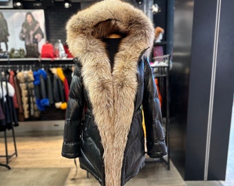 Original Goose Country Women's Handmade Lambskin Leather Goose Down Parka with Fox Fur Trim