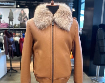 Men&#39;s Cognac Genuine Sheep Skin Shearling Jacket With Genuine Fox Collar, real shearling, winter jacket, perfect gift, plus size, brown