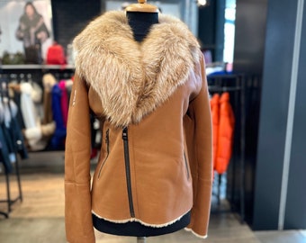 Original Goose Country Shearling Coat with Fox Collar: Sheepskin Leather Winter Jacket