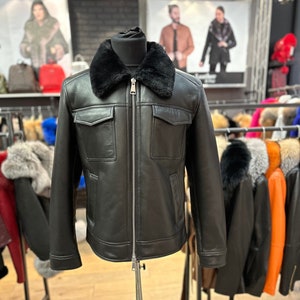 Handmade Men's Black Genuine Sheepskin Shearling Jacket, real shearling, winter jacket, perfect gift, plus size