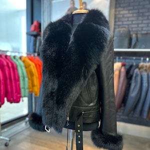 Handmade Women's Genuine Sheepskin Shearling Jacket With Genuine  Fox Trim, perfect gift, plus size, black fur