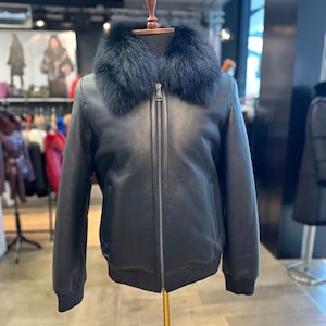 Handmade Men&#39;s Black Genuine Sheep Skin Shearling Jacket With Genuine Fox Collar, real shearling, winter jacket, perfect gift, plus size