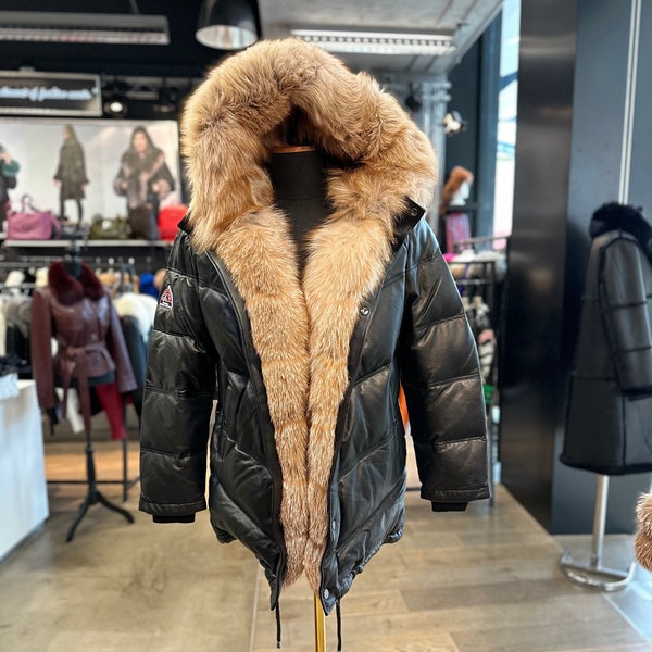 Men's Black Lamb Skin Leather & Goose Down Parka With Real Fox Fur, perfect gift, plus size, winter coat