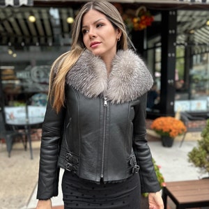 Handmade Women's High Quality Genuine Black Shearling Coat With Silver Fox Trim, perfect gift, plus sizes, winter coat
