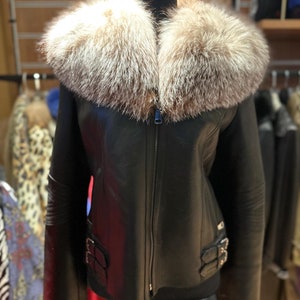 Handmade Women's High Quality Genuine Black Shearling Coat With Crystal Fox Collar, perfect gift
