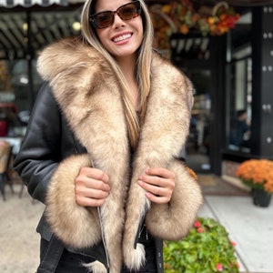 Handmade Women's Genuine Sheepskin Shearling Jacket With Genuine  Fox Trim, perfect gift, plus size, crystal fur