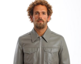 Handmade Men's Grey Lambskin Leather Jacket