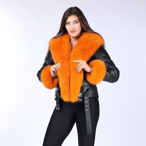 Handgefertigte echte Schaffell-Lammfelljacke für Damen mit echtem Fuchsbesatz, perfektes Geschenk, plus Größe, orangefarbenes Fell