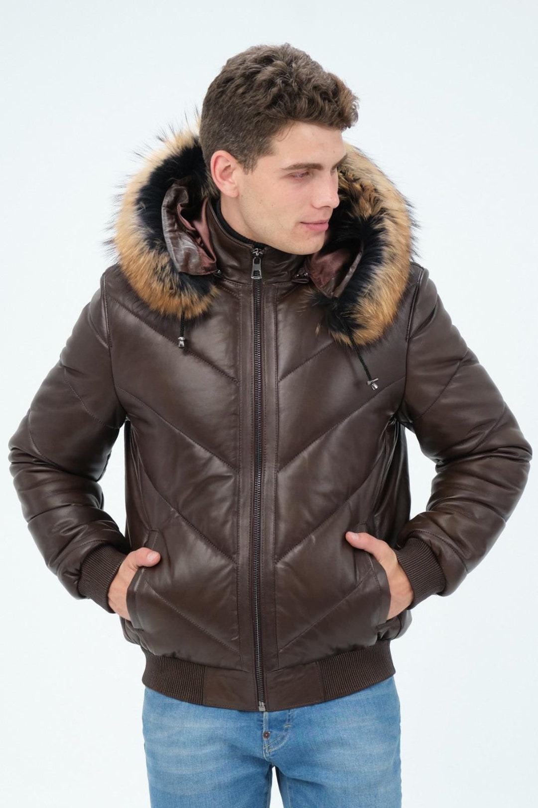 Handmade Men's Brown Lambskin Leather Down Jacket With Raccoon Fur