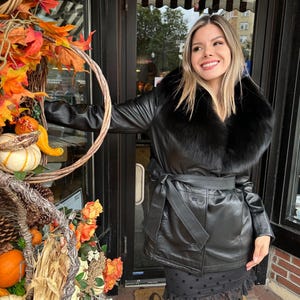 Women&#39;s High Quality Genuine Lambskin Leather Jacket With Removable Genuine Fox Collar- Winter Coat, Long Jacket, perfect gift - Black