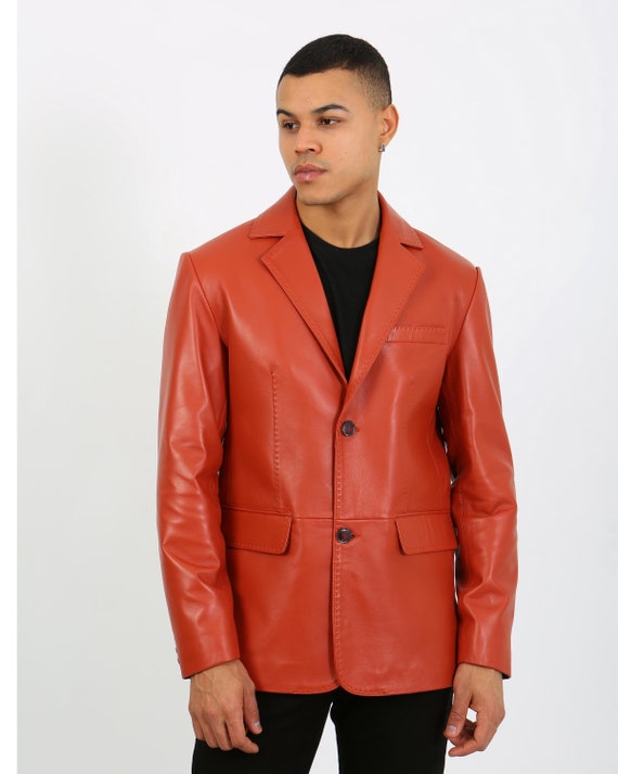 Blazer de couro de pele de cordeiro masculino feito à mão, jaqueta