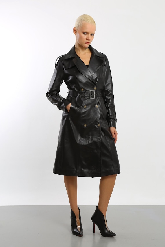 Women's Classic Lambs Leather Trench Coat - Mid Length Black Jacket