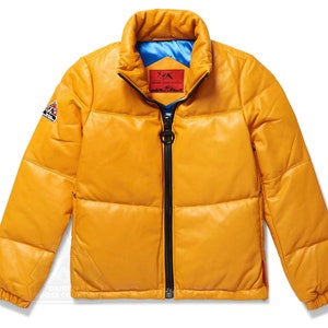 Veste d'hiver en duvet d'oie jaune en cuir d'agneau jaune fait main pour femme Original Goose Country