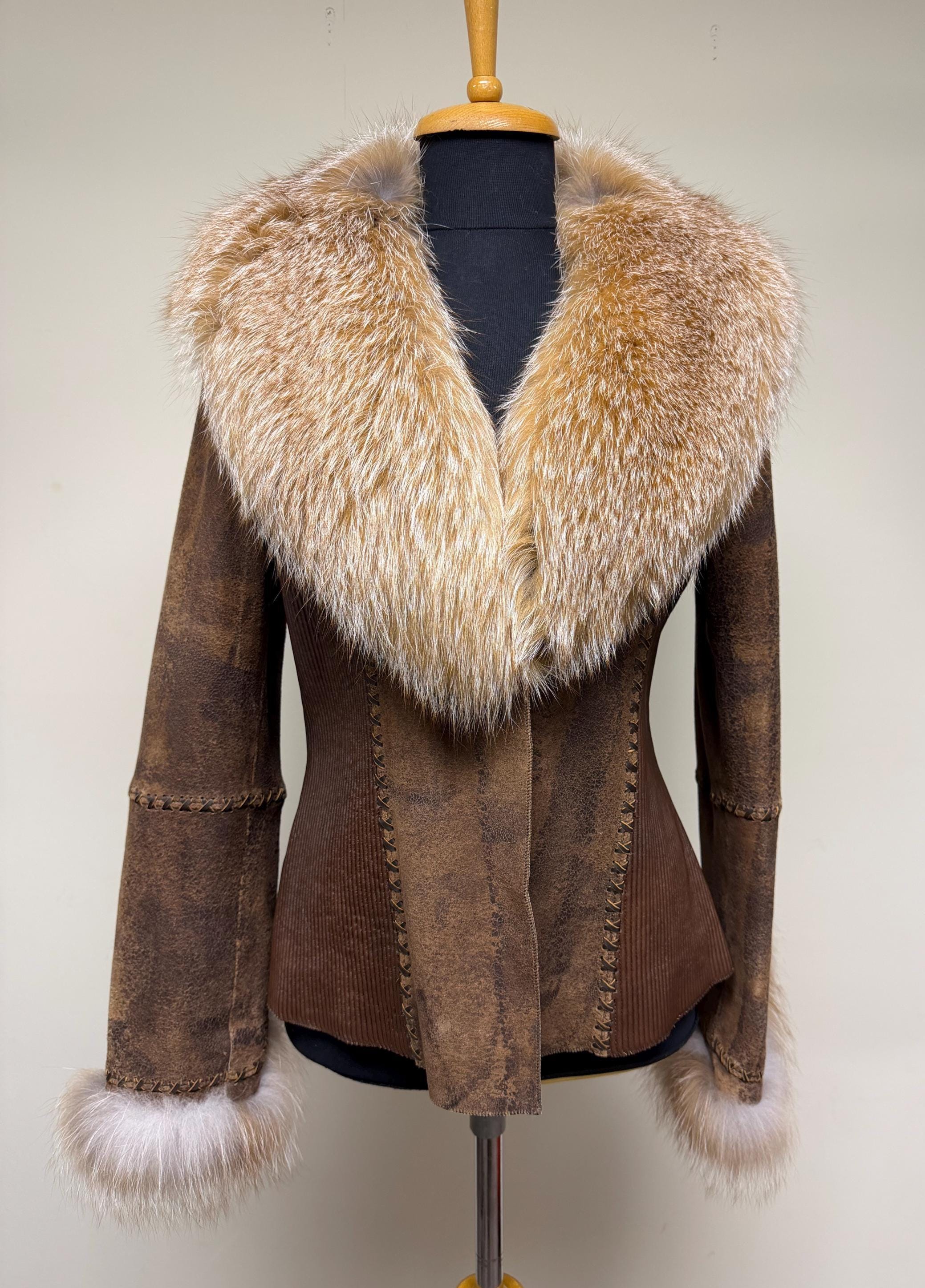Genuine Sheepskin Shearling Leather Coat With Real Fox Fur Buttons & Collar, Sizes XS-6XL