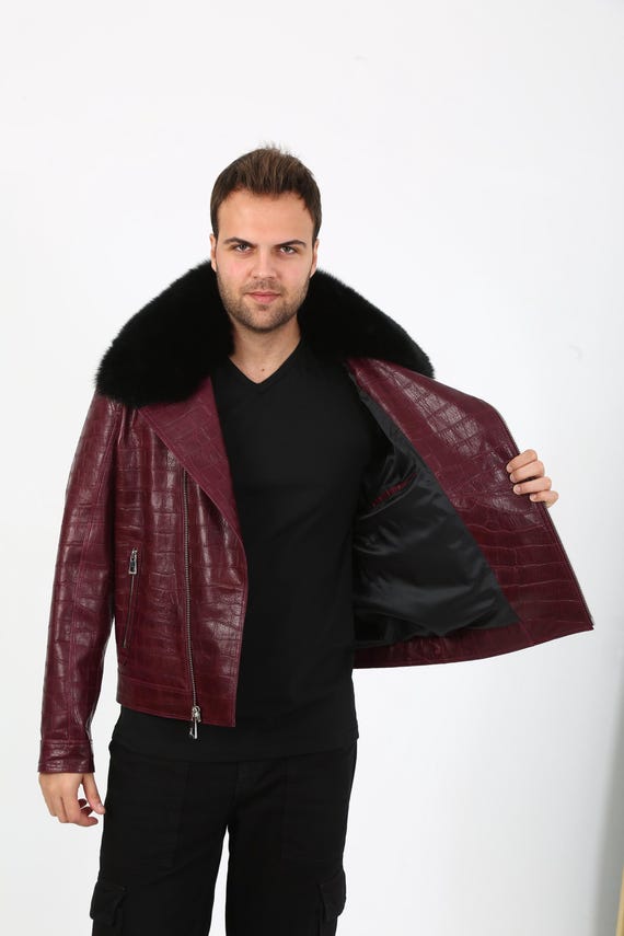 Handgefertigte Herren Lammfell Leder Bikerjacke mit Fuchskragen