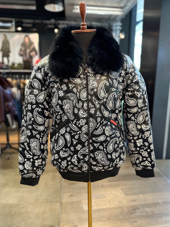 Original Goose Country Men s V bomber Paisley Black Print Lamb Skin Leather Goose Down Jacket With Real Fox Fur Collar Winter Coat Etsy
