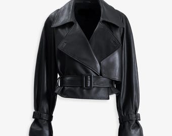 Handmade Black Lambskin Leather Crop Jacket - Belted Women's Jacket