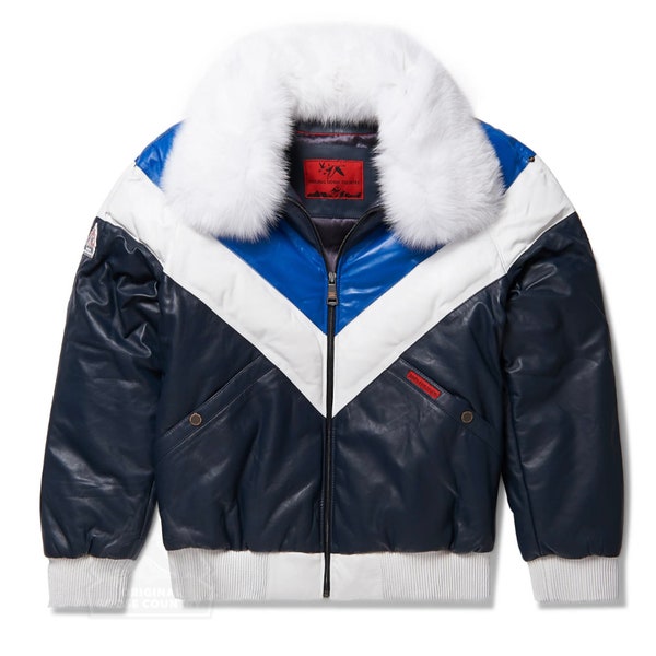 Men's V-Bomber Lamb Skin Leather & Goose Down Parka With Real Full Skin Fox Fur Collar, Winter Coat, perfect gift