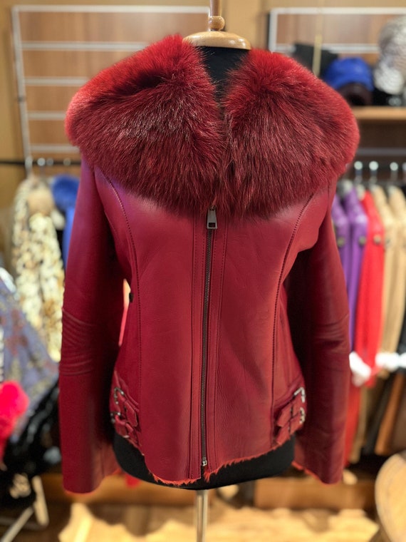 Women's Handmade Red Shearling Coat: Genuine Fox Fur Collar, Plus Size  Winter Jacket