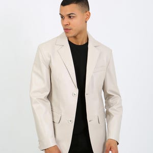 Handmade Men&#39;s Off White Lambskin Leather Blazer, Spring Winter Fall Jacket, perfect gift