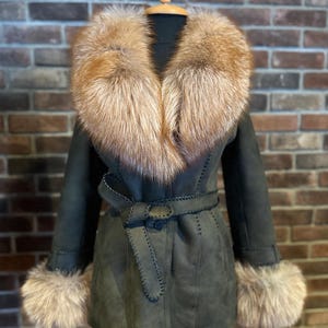 Handmade Women's High Quality Genuine Sheepskin Shearling Khaki Coat With Crystal Fox Fur, winter coat, Only MEDIUM SIZE AVAILABLE