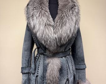 Handmade Women's Shearling Coat with Fox Fur Trim - Women's Winter Jacket