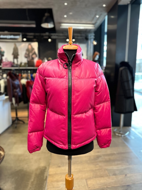 Original Goose Country Women s Bubble Pink Genuine Lambskin Leather Goose Down Jacket Winter Coat Down Goose perfect gift